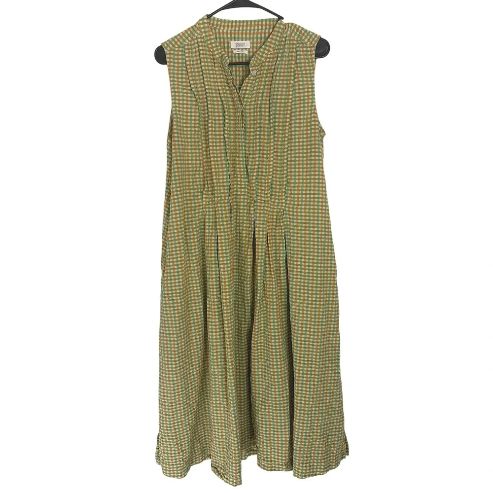 Toast Womens Gingham Plaid Sleeveless Midi Dress Green Mustard Yellow 14